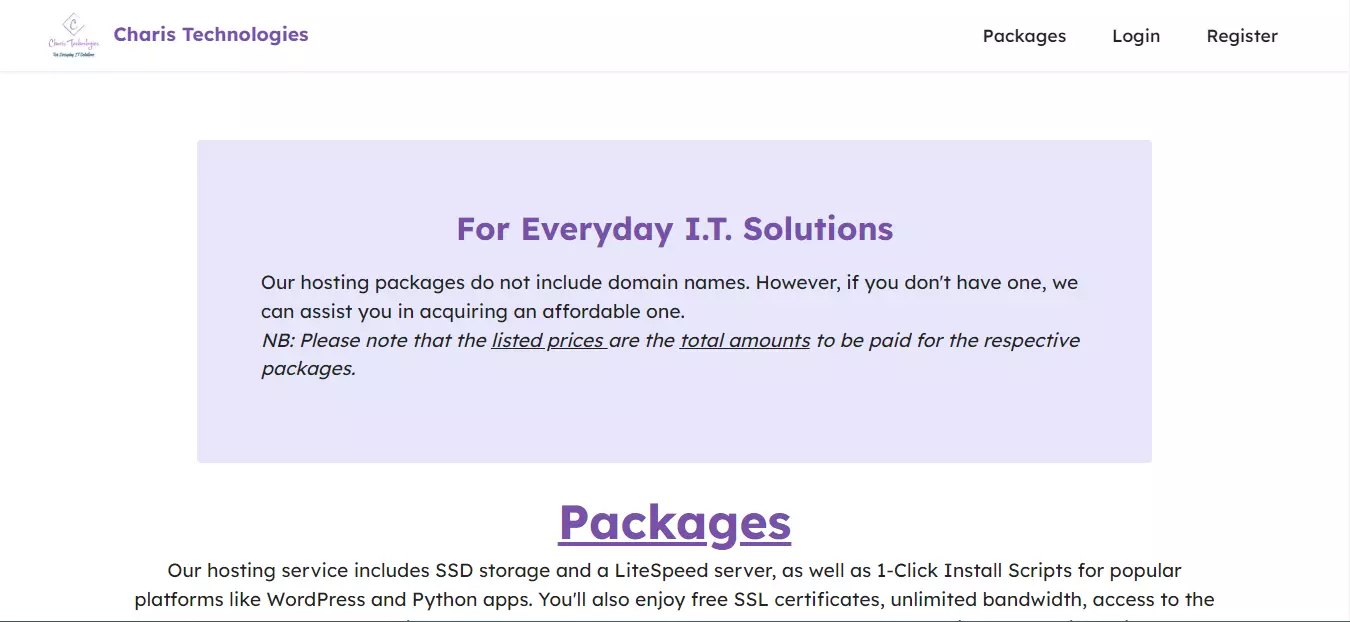 Charis Hosting shop by Jeremiah Taguta, Software Engineer.